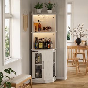 Mobile Bar da Cantina Stile Rustico da 170,5 cm con Ripiani Regolabili, Prese Elettriche e Luci, Armadietti Angolari in Vetro per Bar Domestico - Product Image 3