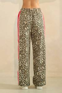 Women's High Waist Wide Leg Pants Leopard Print Side Stripe Loose Fit Elastic Waist Casual Summer Style Full Length Knitted Pant - Product Image 5