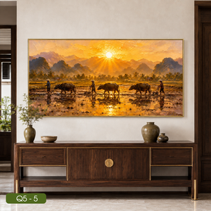 ภาพวาดสีน้ำมันแฮนด์เมดแนวธรรมชาติจากเวียดนาม รูปแบบนาข้าว พร้อมกรอบพิมพ์บนผ้าใบ บริการ OEM ODM สำหรับตกแต่งภายใน รุ่น Q5-5 - Product Image 5