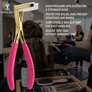 Pince à extensions capillaires en titane doré, corps en acier inoxydable, mâchoires en silicone blanc, poignées roses, pince de pose d'extensions adhésives - Product Image 6
