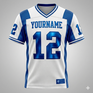 Maillot de football américain personnalisé pour homme, blanc et bleu, col en V, maille respirante, impression sublimée, manches courtes, numéros d'équipe 12, votre nom - Product Image 1