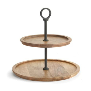 Nouveau support à gâteau à 2 niveaux en bois de manguier artisanal pour desserts, cupcakes et fruits, plateau décoratif avec poignée en métal pour les fêtes - Product Image 3