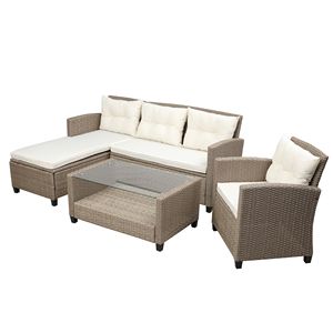 Set di Mobili da Giardino in Rattan Beige e Marrone, 4 Pezzi, Divano Componibile con Cuscini per Conversazione all'Aperto - Product Image 3