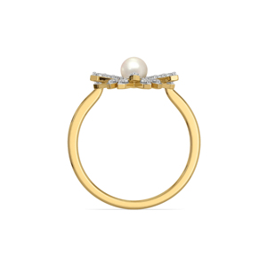 Yellow <b>Gold</b> Pearl <b>Cocktail</b> <b>Ring</b> With Diamond Bowknot Pave Setting Women's Romantic Fine Jewelry - Product Image 3
