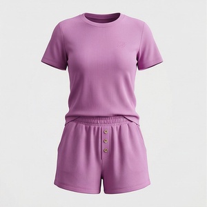 Women's 2 Piece Ribbed Short Sleeve T Shirt and Above Knee Shorts <b>Set</b> Solid Casual Spring Summer Wear - Product Image 1
