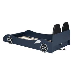 Letto a piattaforma a forma di auto da corsa blu per bambini, in legno, con luci LED e schienale imbottito - Product Image 4
