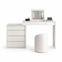 Ensemble de meubles de chambre moderne avec coiffeuse en verre blanc, miroir, commode avec tiroirs de rangement et tabouret assorti pour l'intérieur de la maison et la salle de bain