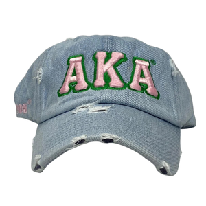 AKA <b>Light</b> Denim <b>Hat</b> <b>Light</b> Blue Distressed Baseball Cap with Green Pink Embroidered Letters Adjustable Casual Denim Cap for Women - Product Image 1