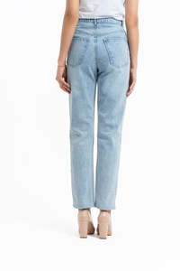 Jeans ajustados para mujer, cintura alta, pierna recta, pantalones vaqueros azul claro elegantes, servicios OEM con logotipo personalizado - Product Image 2