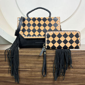 Wholesale Ladies 2 Piece Set Checkered Design Hand Tooled Genuine <b>Leather</b> <b>Handbag</b> & Wristlet Wallet High Quality Set for Women's - Product Image 4