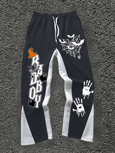 Pantalones deportivos de Halloween para hombre, rayas azules y blancas, estampado de murciélagos, cintura elástica con cordón, estilo informal de otoño - Product Image 3