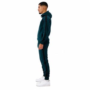 Men Dark Green <b>Hooded</b> Tracksuit Full <b>Zip</b> Sweatshirt & Pants Set Solid Color Casual Autumn Wear Regular Fit Side Pockets - Product Image 2