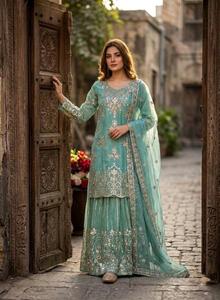 Organza Twill Net <b>Sequin</b> Kurta <b>Flared</b> Sharara Pants Embroidered Dupatta Stitched Women Three Piece Festive Salwar Suit Set - Product Image 2