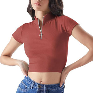 Camiseta Corta de Mujer con Media Cremallera, Ajuste Delgado, Estilo Urbano, Casual, con Cremallera Frontal, Camiseta de Verano Personalizable para Mujer - Product Image 1