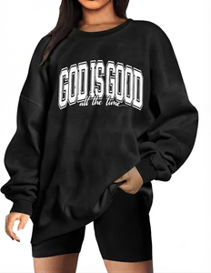 เสื้อสเวตเตอร์คอกลมสีครีมขนาดใหญ่พิเศษของผู้หญิงมี "God IS Good All The Time" พิมพ์ตัวอักษรไหล่ตกแขนยาว - Product Image 3