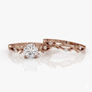 Ensemble de bagues de fiançailles Twig en or massif 14 carats avec diamants de laboratoire, bague feuille celtique, ensemble de bijoux de mariage, ensemble de bagues pour couple - Product Image 4