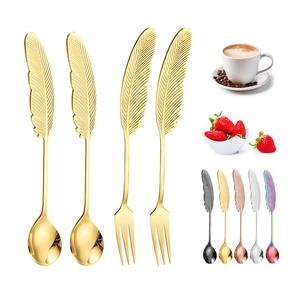 Stainless Steel Feather <b>Spoon</b> and Fork Set Colorful Mirror Finish Cocktail <b>Coffee</b> Stirring Tableware - Product Image 2