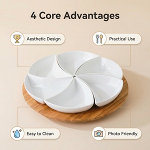 Ensemble de <span class=keywords><strong>6</strong></span> bols triangulaires en porcelaine blanche de <span class=keywords><strong>6</strong></span> pouces avec plateau Lazy Susan en bambou de 13,25 pouces, ensemble modulaire pour servir des collations, des fruits et des noix, décoration - Product Image 3