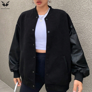 Veste universitaire noire pour femme, manches longues, boutonnée, col rabattu, couleur unie, tenue d'automne, garniture contrastante, coupe classique, en cuir PU - Product Image 6