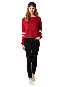 Sweat-shirt rouge à manches longues et col rond pour femme, avec rayures blanches sur les manches, haut tricoté décontracté, 100% coton, vêtements d'automne - Product Image 1