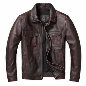 Veste en cuir véritable pour homme, col rond, marron, coupe classique, manches longues, coupe-vent, veste de motard, veste de sport, prix de gros - Product Image 4