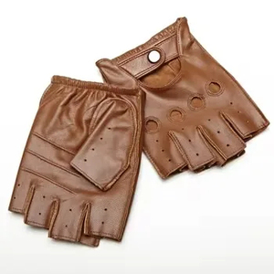Gants de conduite élégants unisexes en cuir marron à demi-doigts, respirants, compatibles, antidérapants pour les activités de plein air - Product Image 1