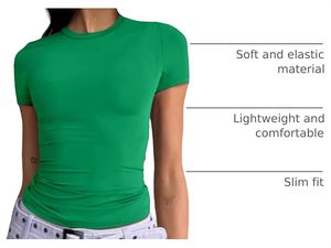 T-shirt en jersey de coton vert à col rond et manches courtes pour femme, coupe ajustée, couleur unie, respirant, toutes saisons - Product Image 2