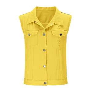 Gilet en jean jaune pour femme grande taille, veste courte en jean sans manches boutonnée avec col et poches poitrine - Product Image 6