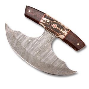 Cuchillo Ulu de Acero de Damasco Forjado a Mano y Hecho a Medida - Mango de Madera y Hueso, Funda de Cuero, Cuchillo de Cocina OEM ODM DIY - Product Image 1