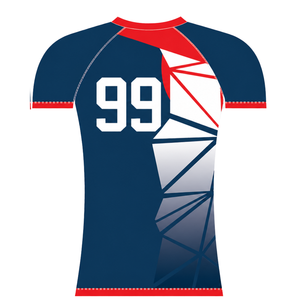Maillot de compression athlétique à manches courtes bleu marine, rouge et blanc, col ras du cou, motif géométrique, pour entraînement de performance et sports nautiques - Product Image 2