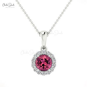 Pendentif en or pur 14 carats authentique avec tourmaline rose taille ronde 0,25 carat et halo de diamants, collier, cadeau idéal pour l'amour - Product Image 2