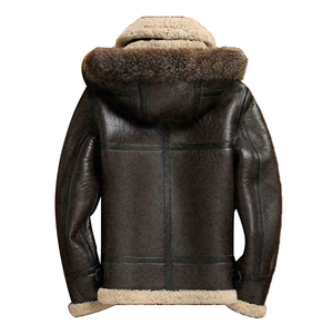 Chaqueta de Cuero Marrón para Hombre con Forro de Borrego, Capucha con Cuello de Piel, Cierre de Cremallera, Abrigo Cálido de Invierno, Corte Ajustado, Mangas Largas, Resistente al Viento - Product Image 2