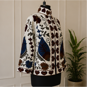 Designer Cream Suzani Cotton <b>Velvet</b> <b>Jacket</b> <b>for</b> <b>Women</b> Handmade Heart Border Floral Embroidery Wholesale Winter Fashion - Product Image 4