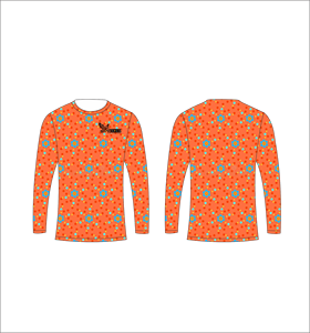 Maillot de sport personnalisé à manches longues en sublimation, léger, avec motif à pois multicolores et orange vif, fournisseur en gros - Product Image 1