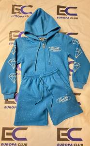 Street Style Custom Embroidery Logo Distressed Embroidery on Back Shorts <b>Set</b> Cotton Fleece Rhinestone 2 Piece <b>Set</b> - Product Image 3