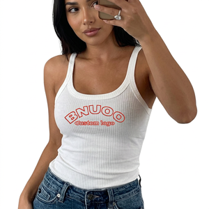 Women's White <b>Knitted</b> Ribbed Eco-friendly <b>Tank</b> <b>Top</b> Scoop Neck Cotton Printed Letter Logo Casual Front Design - Product Image 3