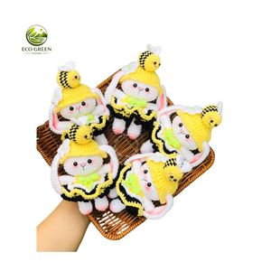 Handmade Wool Yarn Crochet Bunny Doll Keychain Baby <b>Toy</b> Yellow <b>Bee</b> Hat Animal Nature Theme Custom Size 0-6 Months Kids Gift - Product Image 1
