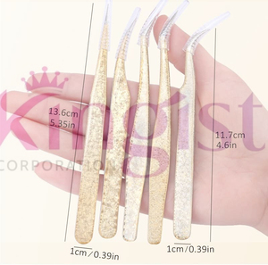 Stainless Steel Eyelash Extension Tweezers <b>Set</b> with <b>Pink</b> and Gold Fiber Tips Anti-Magnetic & Durable for Volume Lash Extensions - Product Image 2