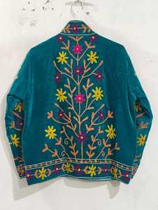 <b>Hand</b>-Embroidered Floral Velvet Outerwear Olive <b>Green</b> Velvet Jacket Stand Collar Long Sleeve Boho Vintage Floral <b>Towel</b> Embroidery - Product Image 4