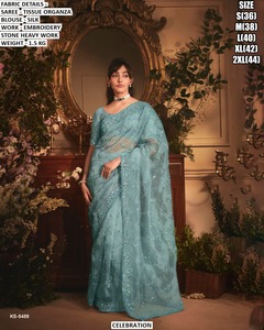 Sari de Boda Artístico de Organza con Flujo Artístico, Sin Arrugas y que Absorbe la Humedad - Product Image 2