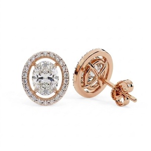 Boucles d'oreilles clous solitaires à halo géométrique en or blanc véritable 14K, avec diamant ovale flottant de laboratoire certifié IGI 0,50 carat et fermoir push-back - Product Image 4