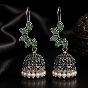 Pendientes Jhumka de Piedra Verde Menta Oxidada |   Pendientes de Perlas Étnicos Estilo Boho - Product Image 5