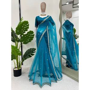 SAREE DE TRAVAIL DE SÉQUENCE DE CODAGE NET DOUX DE LOOK RICHE AVEC CHEMISIER NON COUDU CIEL - Product Image 1