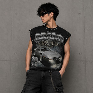 Custom <b>Mens</b> Graphic Sleeveless T Shirt Studded Streetwear <b>Muscle</b> Tee Vintage Car Print Oversized Tank <b>Top</b> OEM Manufacturer - Product Image 1