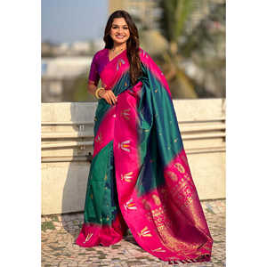 Sari en soie Zari tissée douce et traditionnelle Elite Weaves Green South avec foulards et châles contrastants Tilak - Product Image 5