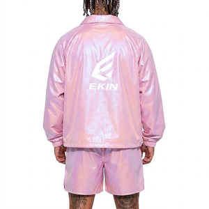 <b>Men's</b> Iridescent Pink Shiny 2 Piece Nylon Lightweight <b>Summer</b> Windbreaker <b>Jacket</b> Shorts Set EKIN Logo Metallic Reflective - Product Image 2