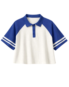Customized Blue And <b>White</b> Women Cropped Polo T <b>Shirt</b> Raglan Sleeve Striped Sleeve Casual Cotton Top Button Placket Summer Tee - Product Image 1