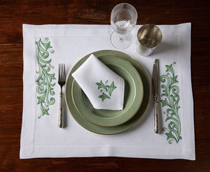 GREEN SUN EMBROIDERY Embroidered Green Floral Pattern Customizable Thin Reusable <b>Square</b>/Rectangle Place Mat Napkin Sets Cotton - Product Image 3