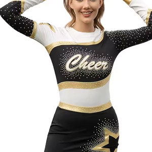 Ensemble d'uniformes de cheerleading Econex pour adolescentes, manches longues, jupe à capuche, impression par sublimation, détails en strass, polyester, or - Product Image 1