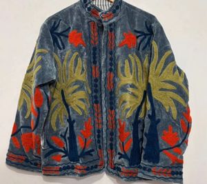 Women Velvet Floral Embroidered <b>Jacket</b> <b>Mandarin</b> <b>Collar</b> Full Sleeve Boxy Style Autumn Ethnic Bohemian Pattern Handwork Suzani - Product Image 2